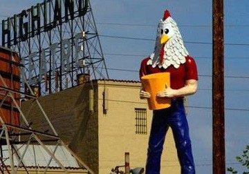 Chicken Boy statue on a rooftop on North Figueroa