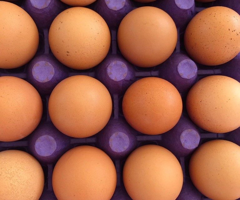 Brown farm eggs in a purple carton